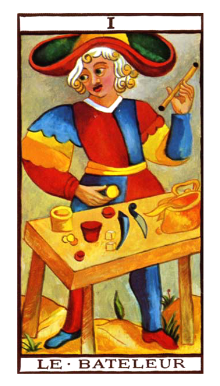 The Magician card from the Marseille tarot deck featured in roving tarot readings in Boston and Providence