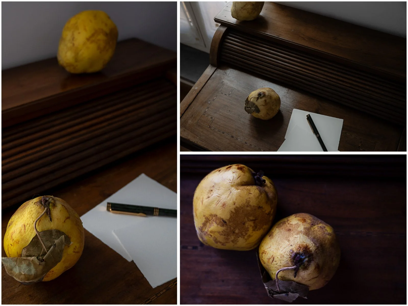 Three-photo collage of quinces on a wooden table beside white paper and a deep green fountain pen, warm late-autumn still life