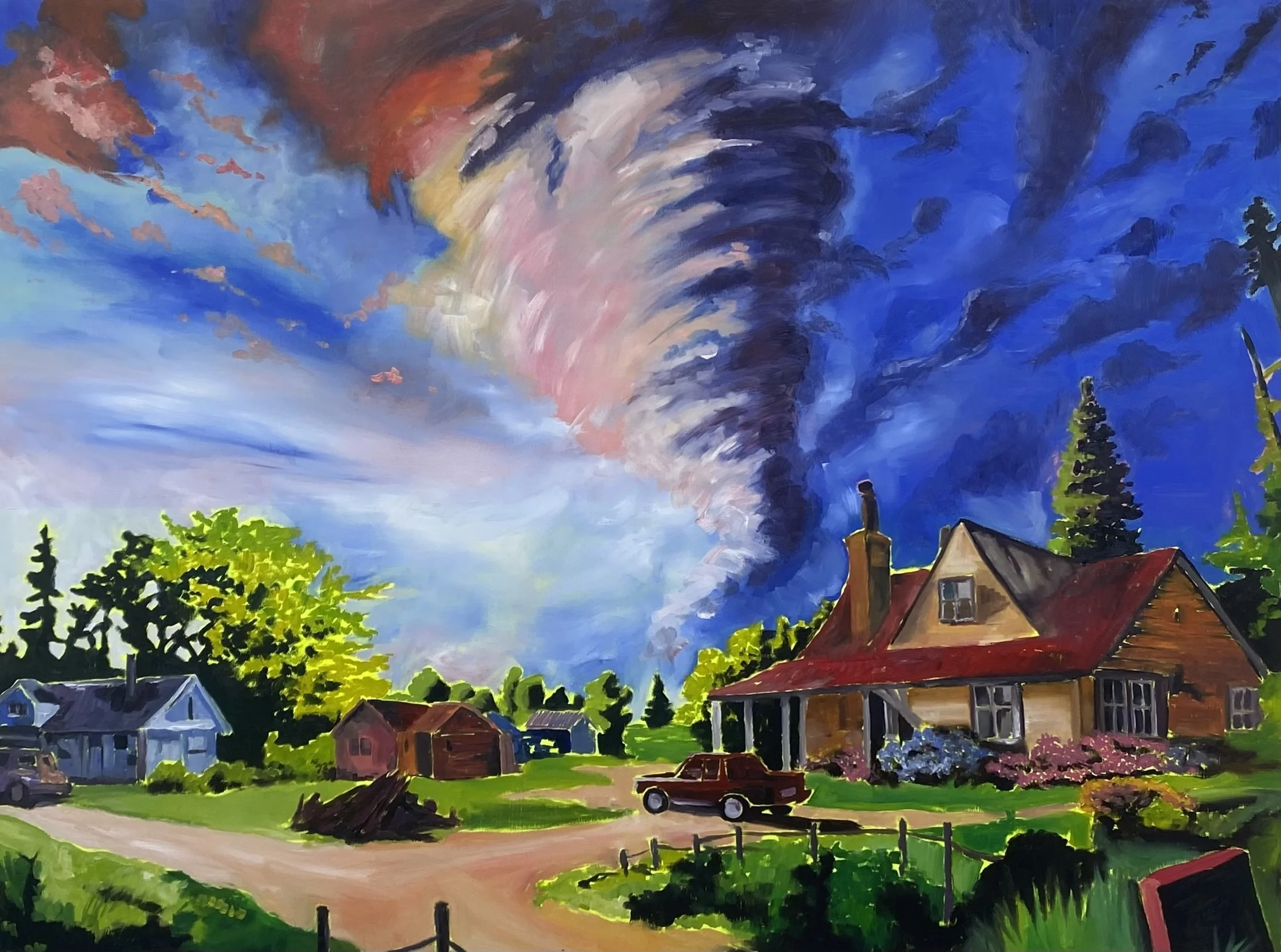 A colorful painting of a rural scene showing a house with a red roof and a chimney, surrounded by green trees and bushes. There are smaller houses and a vintage truck in the yard. The sky is dramatic with swirling clouds and a dark storm on one side,