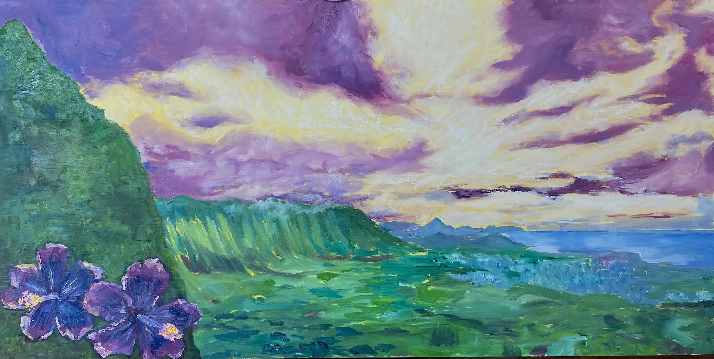 An impressionist style painting of a coastal landscape with green cliffs, purple flowers in the foreground, and a colorful sky with purple, yellow, and white clouds over the ocean.