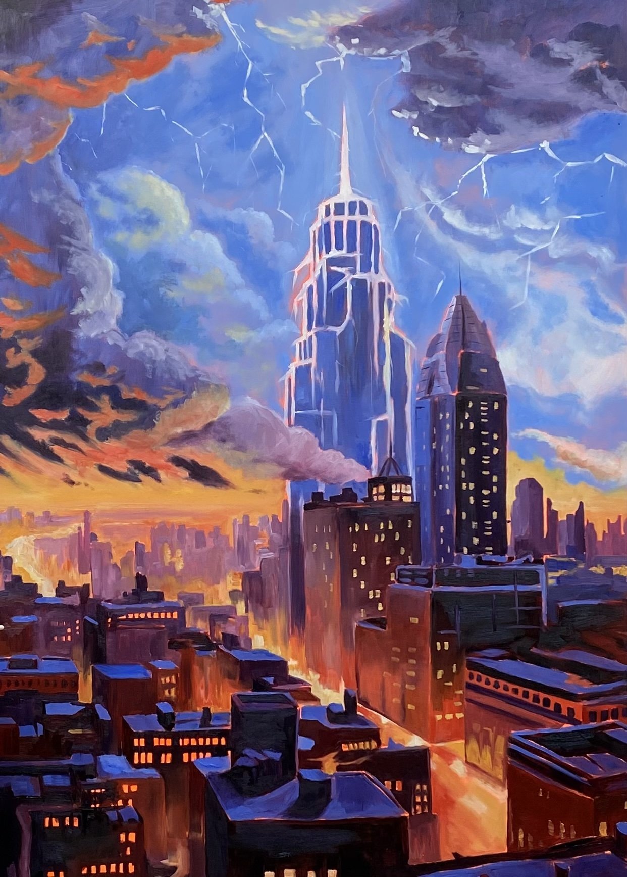 Painting of a cityscape with tall skyscrapers, stormy sky with lightning, and a vibrant sunset with colorful clouds.