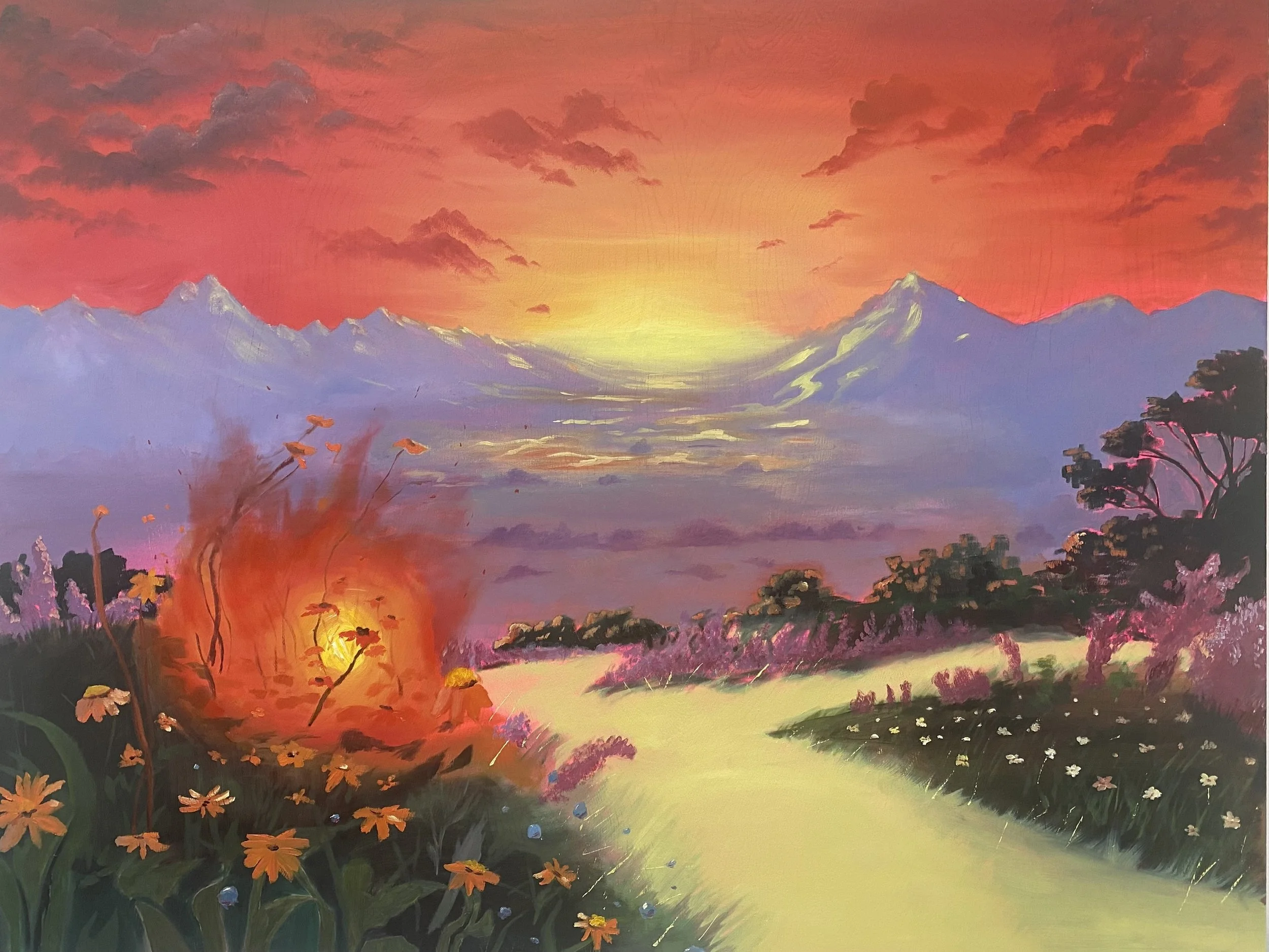 A colorful painting of a mountain landscape at sunset with a river, flowers, and mountains in the background.