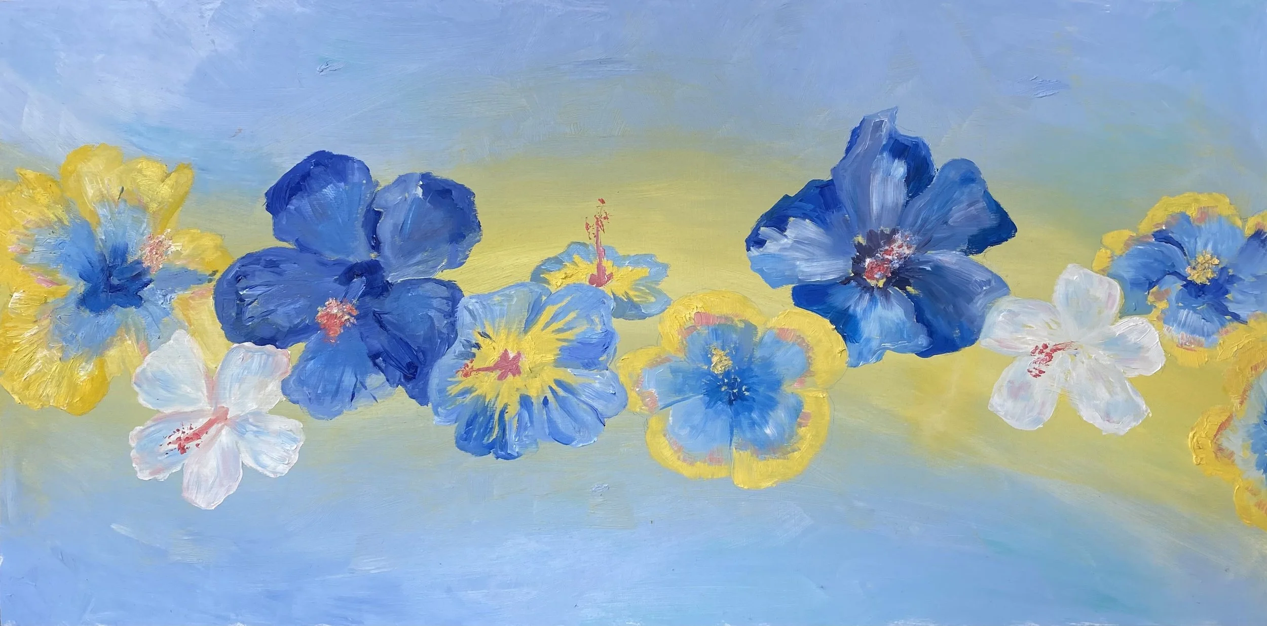 Painting of blue, yellow, and white flowers on a soft blue and yellow background.