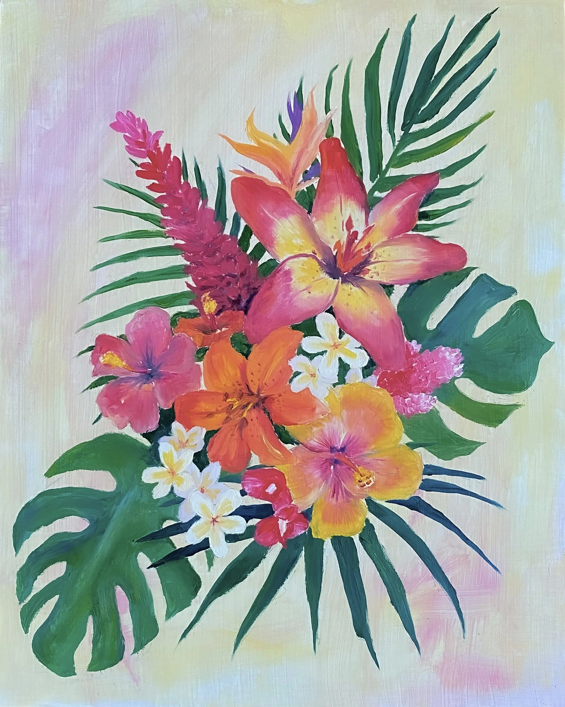A colorful painting of tropical flowers and green leaves on a pastel background.