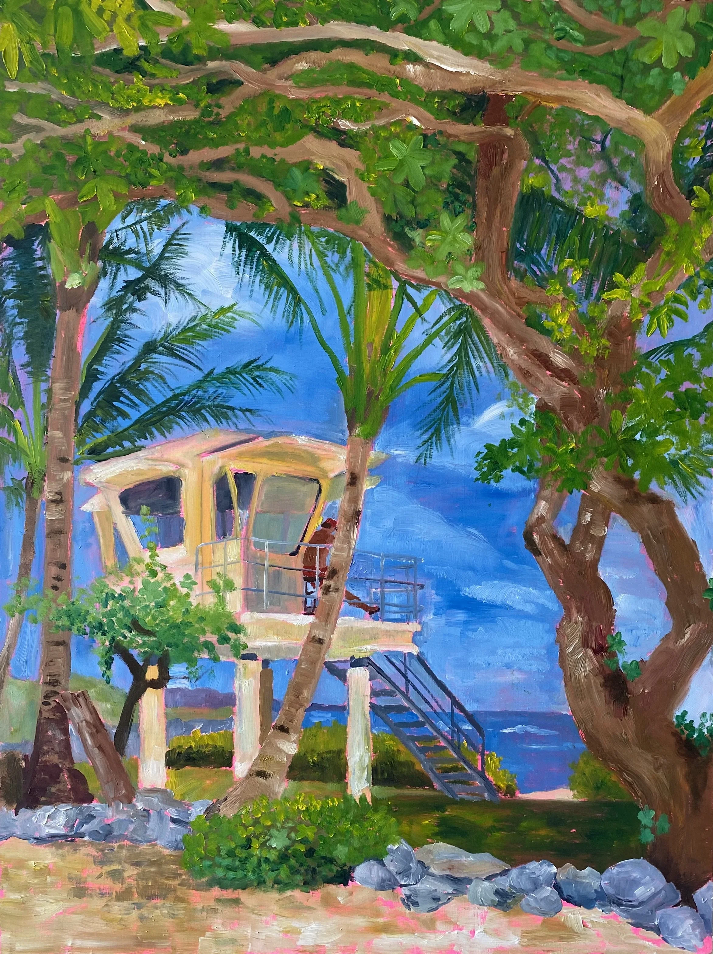 Painting of a tropical beach scene featuring a lifeguard tower, large trees with green leaves, palm trees, rocks, and a blue sky and ocean in the background.