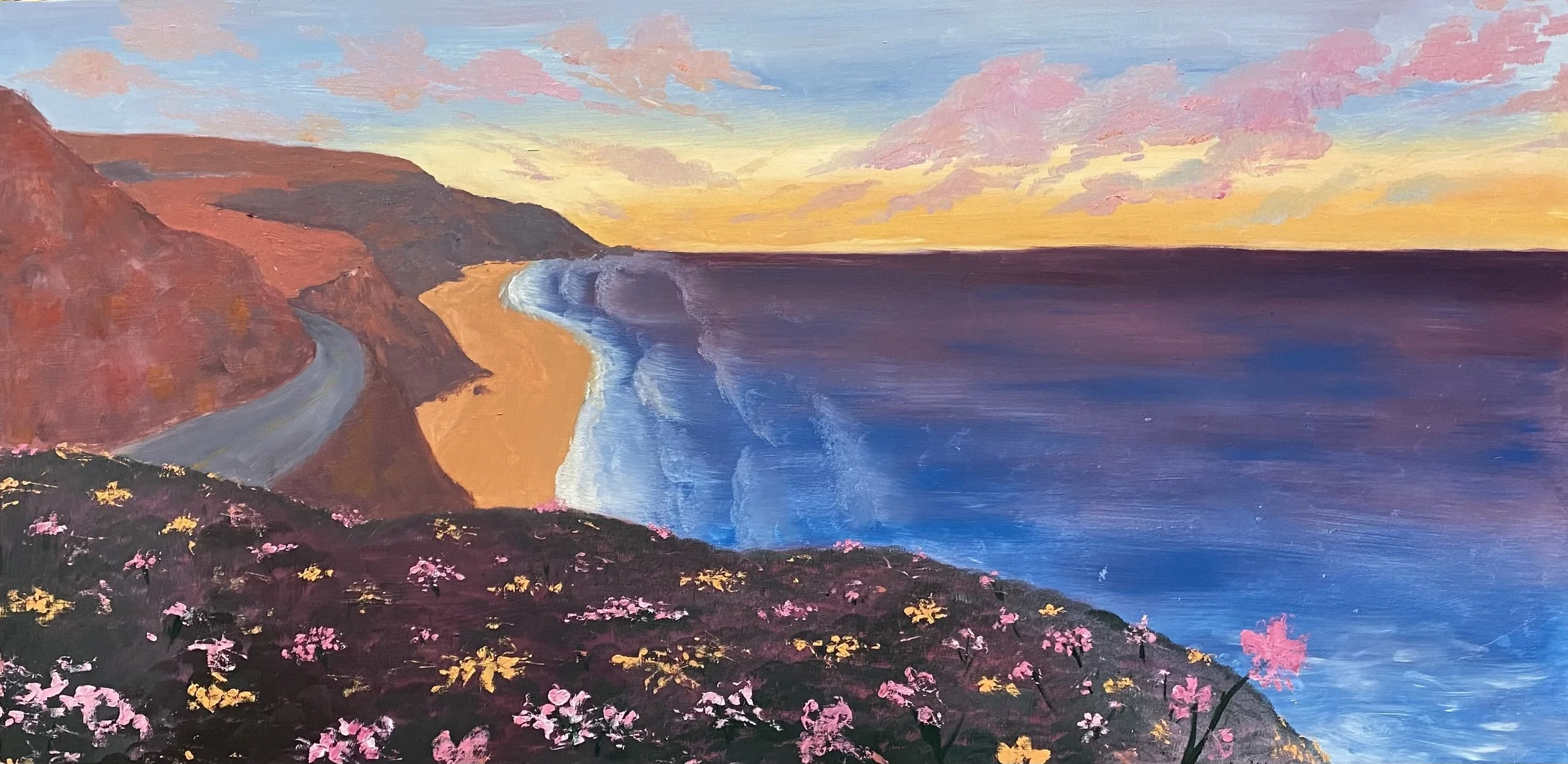 A colorful painting of a coastal landscape during sunset, featuring pink, yellow, and purple clouds in the sky, red and brown cliffs on the left, a sandy beach, and blue ocean waves. In the foreground, there are pink and yellow flowers on a hillside.