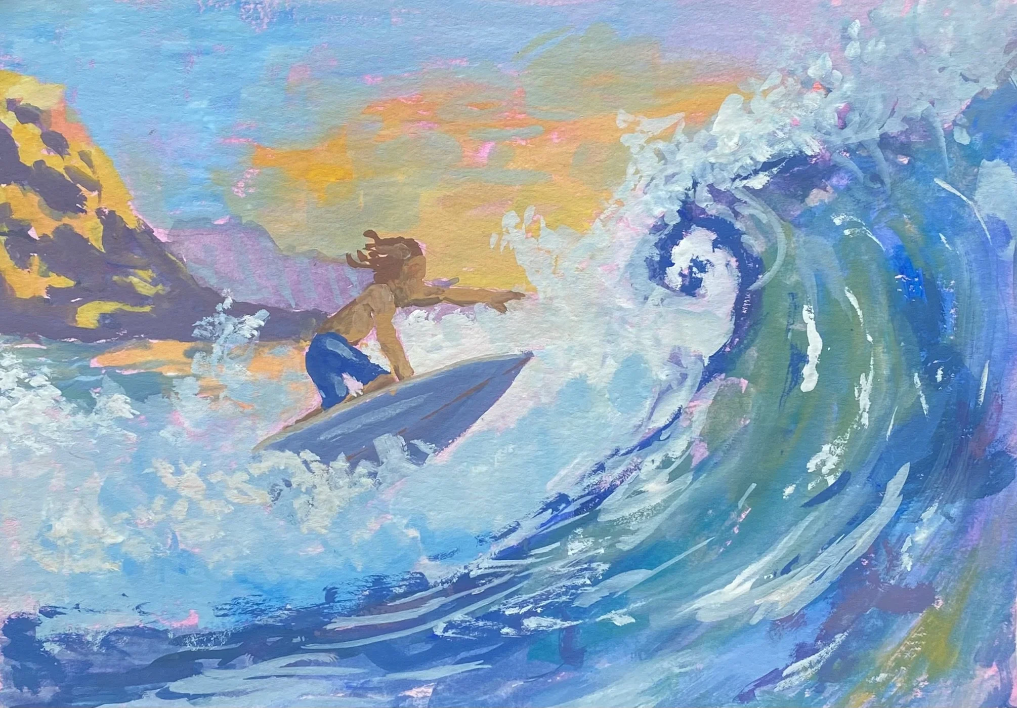 A painting of a person surfing on a wave during sunset or sunrise, with mountains in the background and colorful skies.