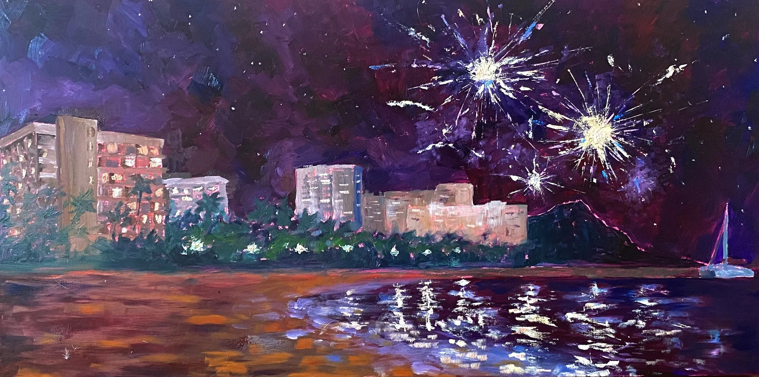 Night scene of fireworks illuminating the sky above Waikiki by the water, with buildings, palm trees, and sailboats visible.