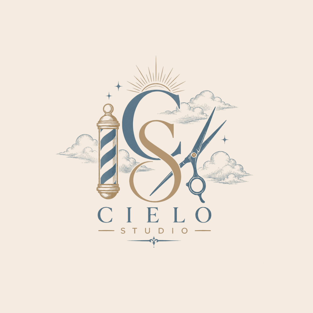 Logo for Cielo Studio featuring a large stylized letter S with a barber pole, a pair of scissors, clouds, stars, and the sun.