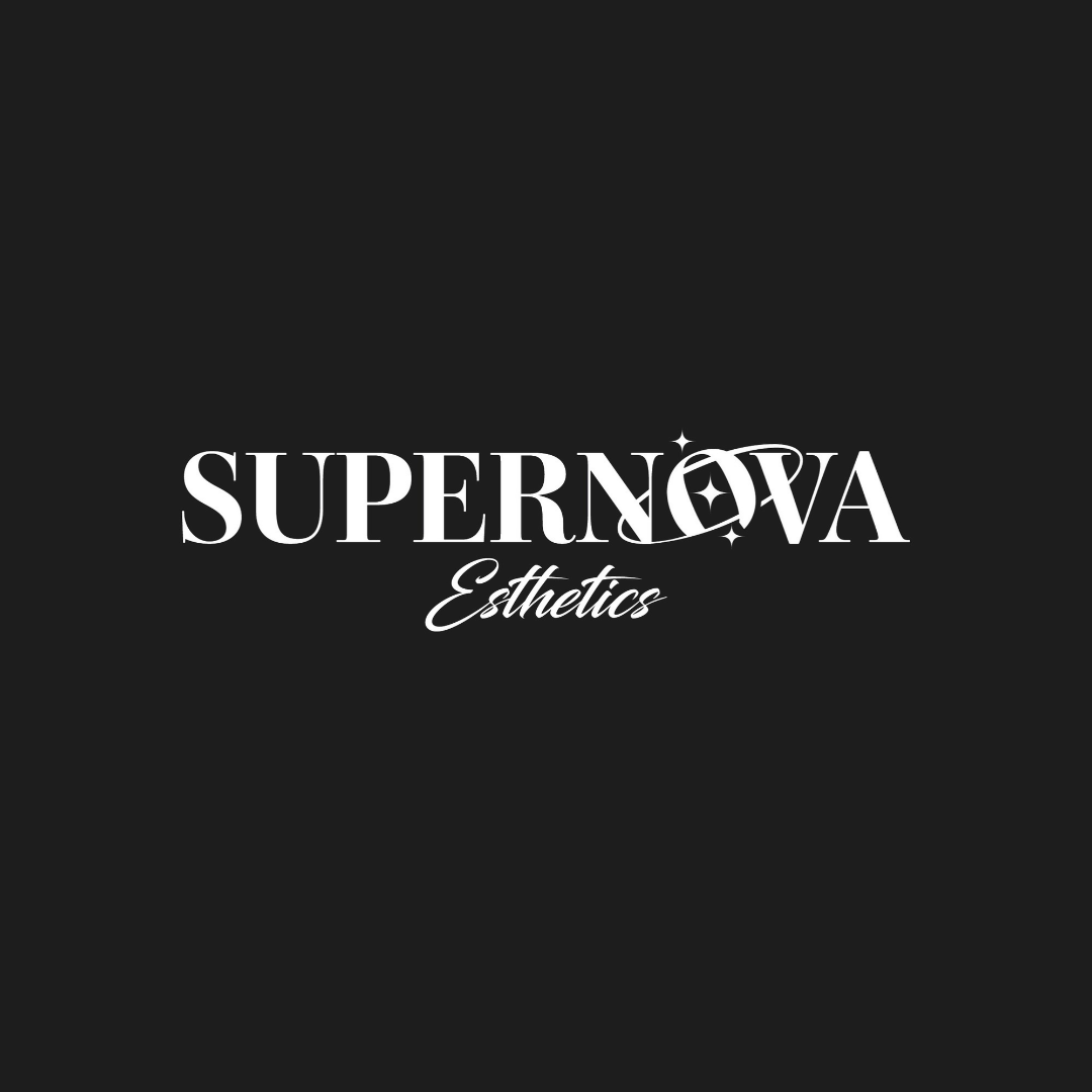 Black background with white text that reads "SUPERNOVA Esthetics" in stylish fonts, with stars on the letter "O".