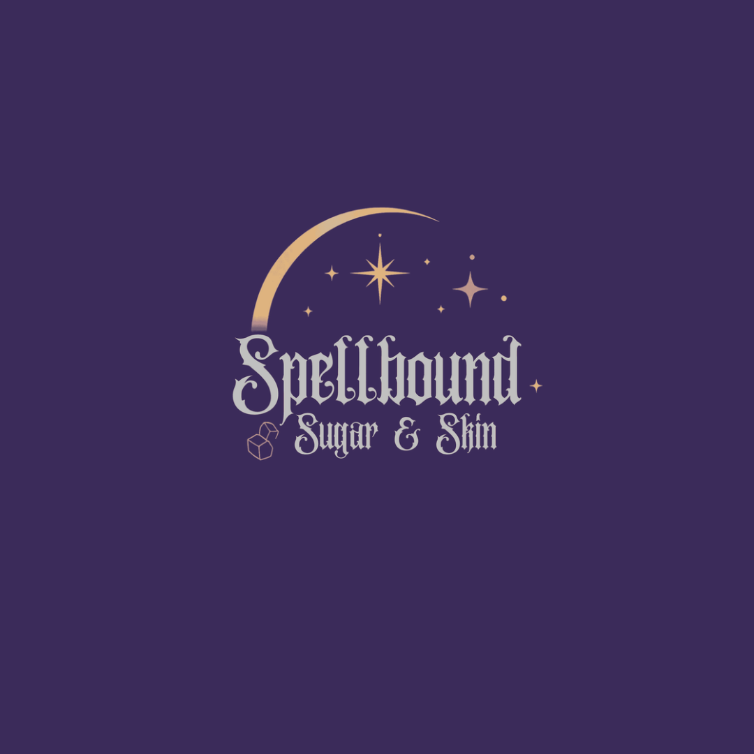 Logo for 'Spellhound Sugar & Skin' featuring a crescent moon, stars, and a magic-themed font.