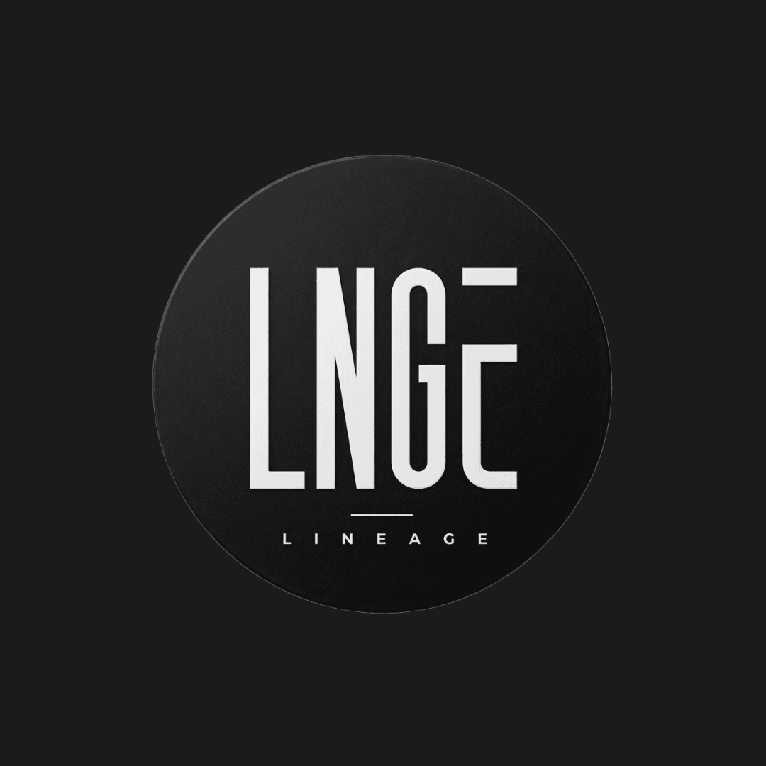 Black circle with the word 'LINEAGE' in large white letters and the smaller word 'LINEAGE' beneath it, set against a dark background.