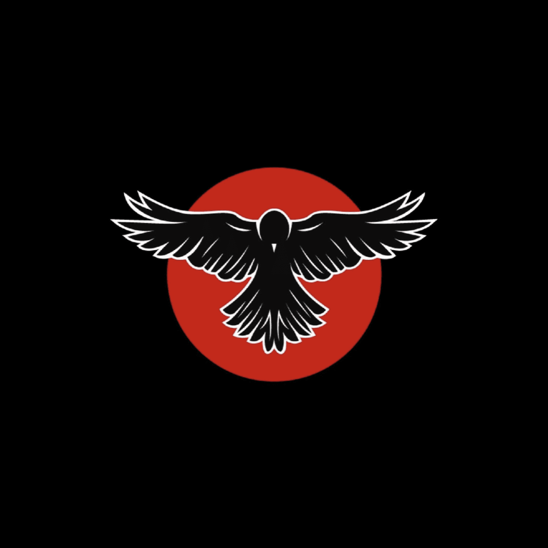 Black background with a red circle and a stylized black bird with outstretched wings in the center.