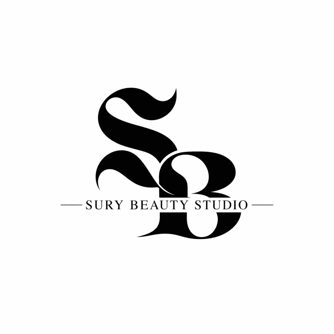 Black stylized letter 'S' with the words 'Sury Beauty Studio' underneath, on a white background.