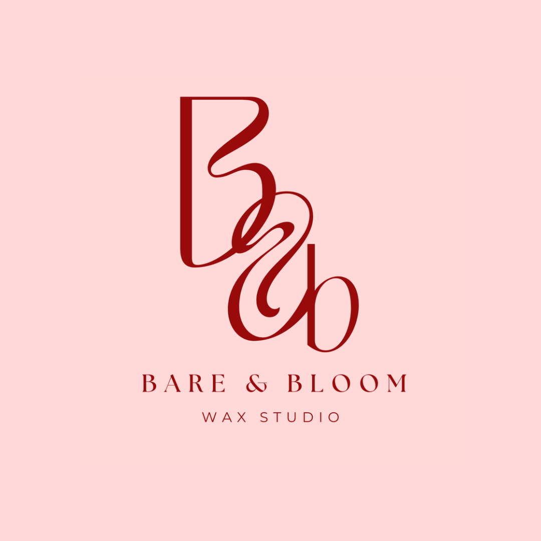 Logo for Bare & Bloom Wax Studio with stylized roses and text in red on a pink background.