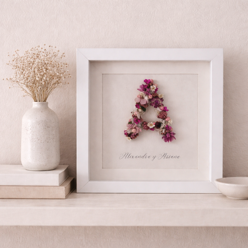 Cuadro decorativo con la letra A hecha con flores enmarcado en blanco y colocado sobre una repisa en una pared beige. A la izquierda, una vasija blanca con ramas secas y tres libros apilados. A la derecha, un plato blanco pequeño.