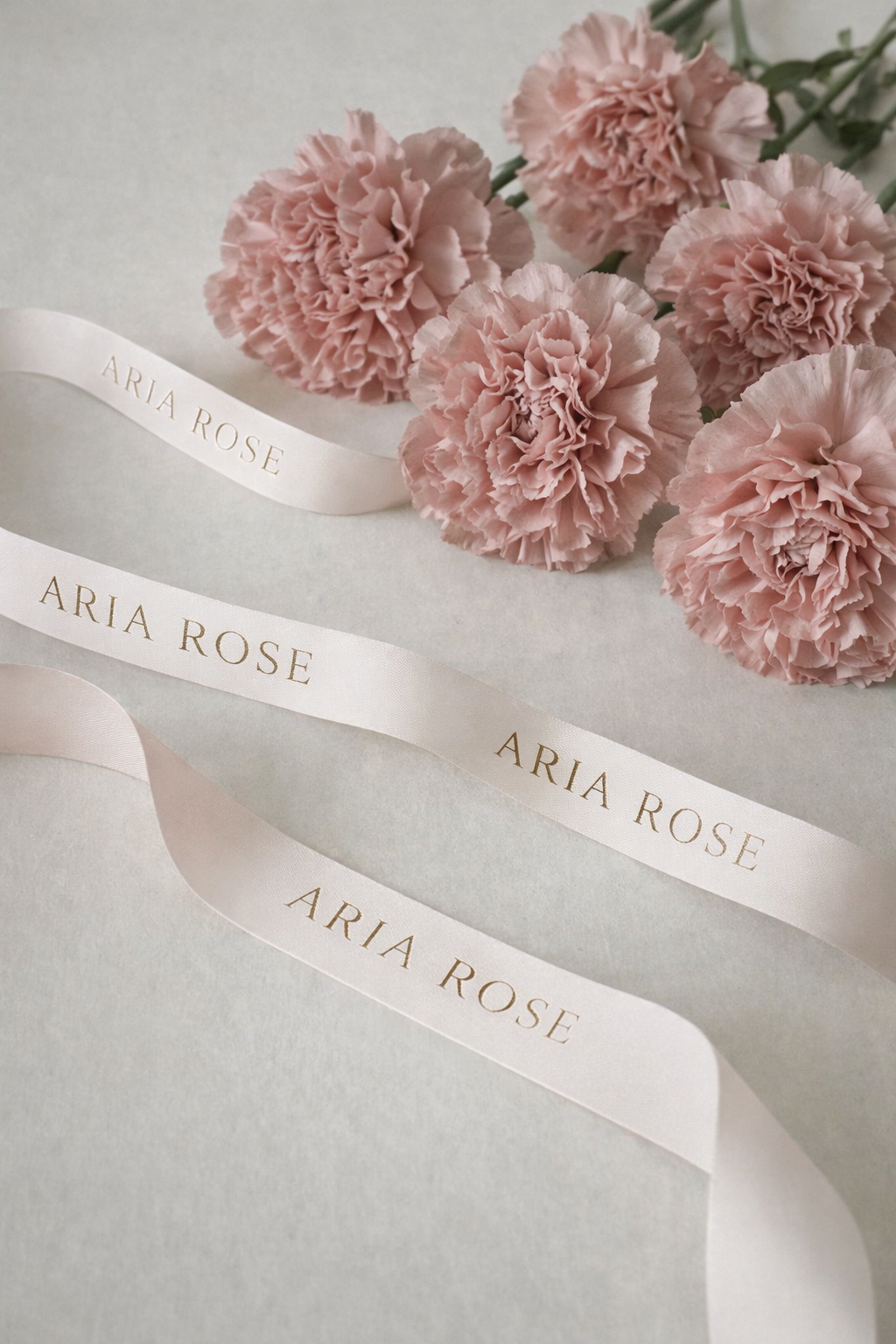 Ramillete de claveles rosados acompañado de una cinta de seda que tiene escrito en dorado 'Aria Rose'.