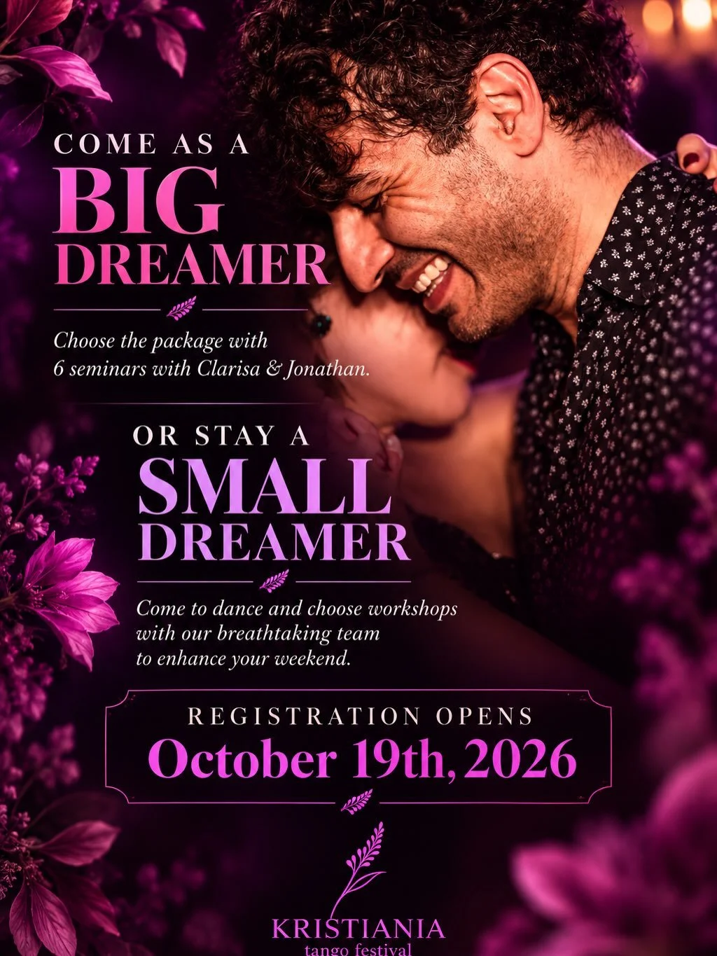 The registration for the lillac event starts now on October 19th✨ 

Get yourself a BIG DREAMER package that includes Clarisa&rsquo;s Aragon &amp; Jonathan&rsquo;s Saavedra workshops or choose a SMALL DREAMER package and come to Kristiania to dance! Y