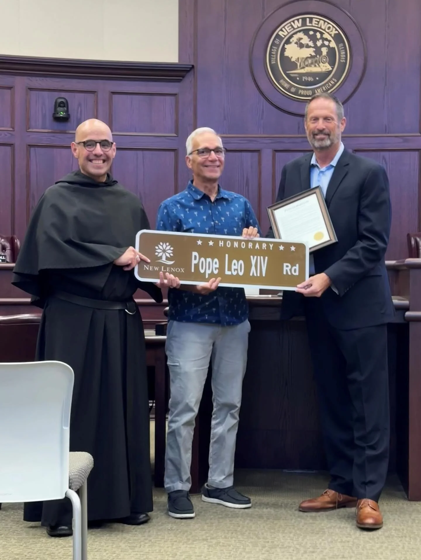 On July 28th, at the boardmeeting of the Village of New Lenox, IL, Mayor Timothy Baldermann declared part of 2nd Ave as Pope Leo XIV Dr.  The Pope&rsquo;s brother, John Prevost, was at the ceremony, along with Fr. Raymond Flores, Pastor of St. Jude P