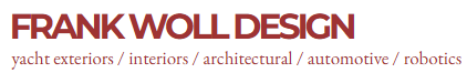 Text logo reading 'FRANK WOLL DESIGN' with categories listed below: yacht exteriors, interiors, architectural, automotive, robotics.