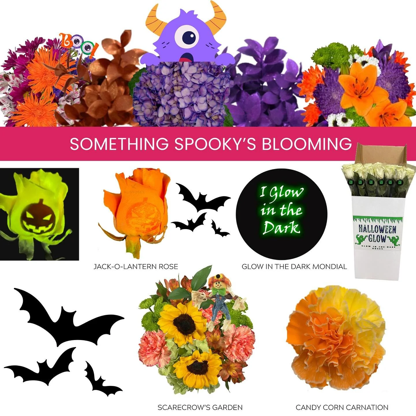🎃✨ Something Spooky&rsquo;s Blooming! ✨🎃
Bring a touch of fun autumn charm to every space with the season&rsquo;s most playful blooms:
🌻 Scarecrow&rsquo;s Garden
🍬 Candy Corn Carnation
🌙 Glow-in-the-Dark Magic
🦇 Add these blooms to your seasona