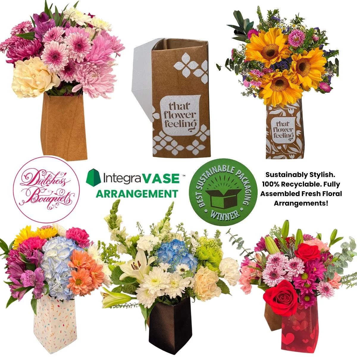 Now taking orders for the IntegraVase&trade; Arrangement &mdash; sustainability meets simplicity. Each 100% recyclable vase comes fully assembled with Dutchess Bouquets flowers, ready for display and sale. 🌸
Winner of the Best Sustainable Packaging 