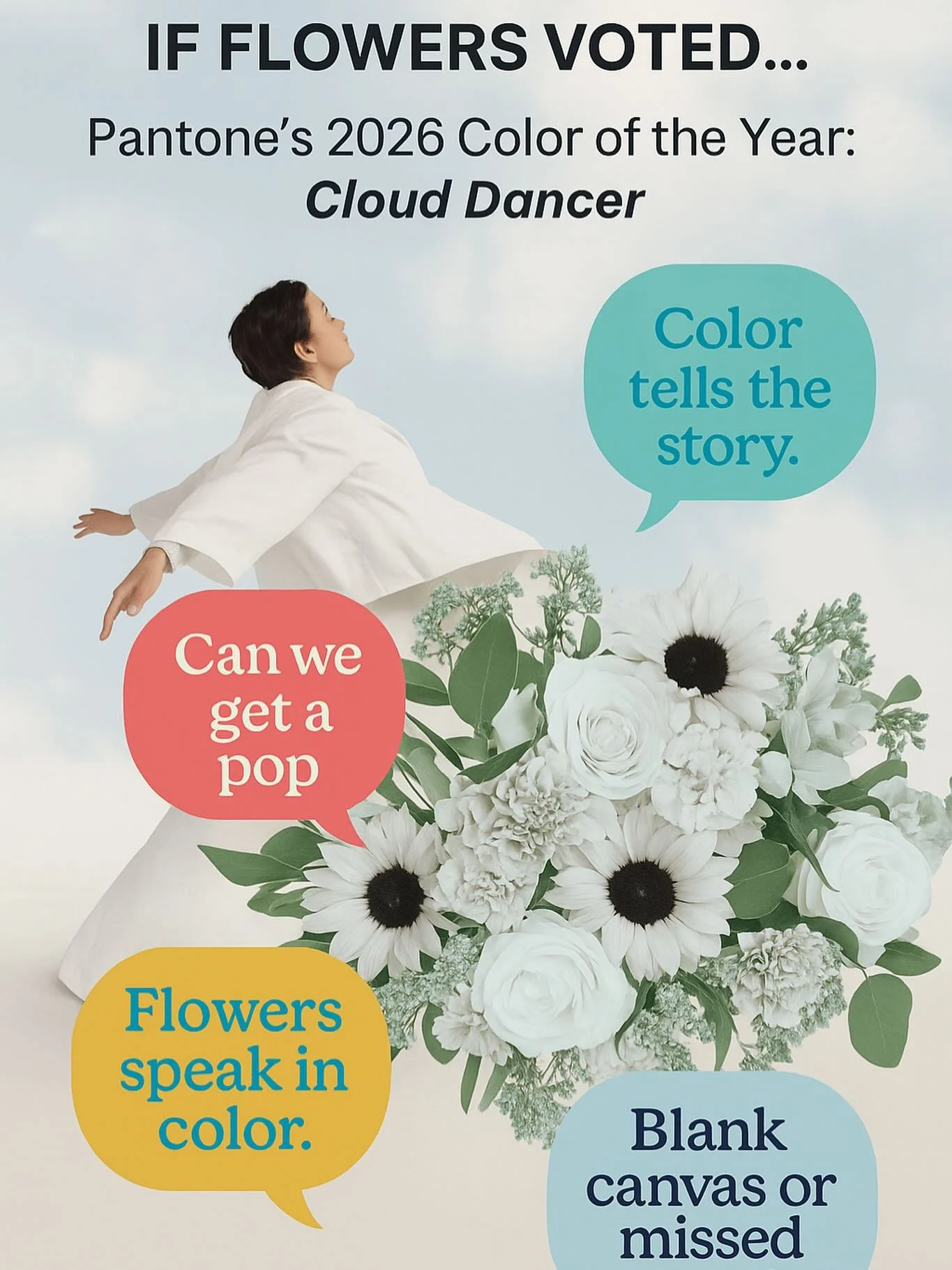 🌫💐 The floral world has thoughts&hellip;
Pantone&rsquo;s 2026 Color of the Year, Cloud Dancer, has officially sparked a lively debate in
our industry.
As florists, growers, designers, and merchandisers, we live in a world where color tells
the stor
