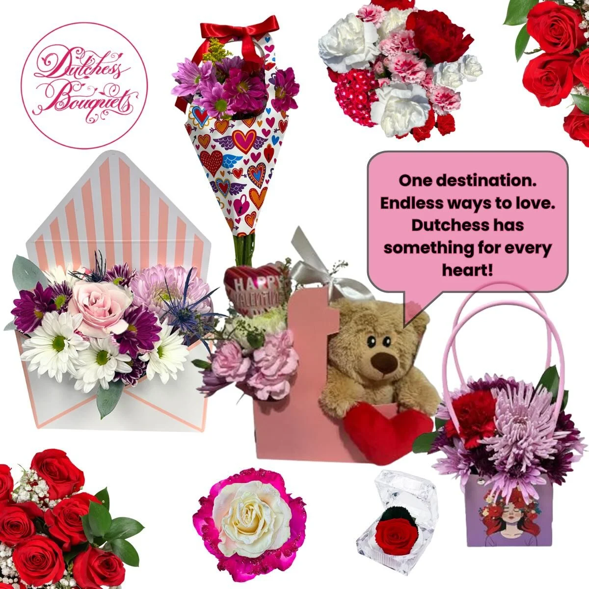 💖 One destination. Endless ways to love. 💖
From classic roses to playful gifts, sweet keepsakes to standout blooms &mdash; Dutchess
Bouquets brings together niche designs and heartfelt favorites, all in one place.
Because no two hearts are the same