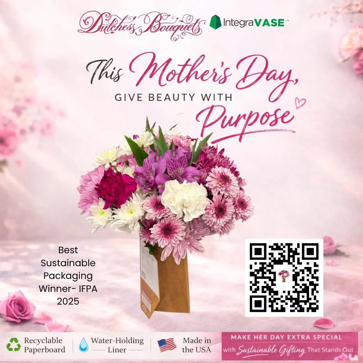 Mother&rsquo;s Day, Reimagined 🌸
It&rsquo;s not just the flowers &mdash; it&rsquo;s how they&rsquo;re delivered.
IntegraVase&trade; pairs beautiful blooms with smarter, more sustainable packaging.
&bull; Recyclable paperboard
&bull; Integrated water