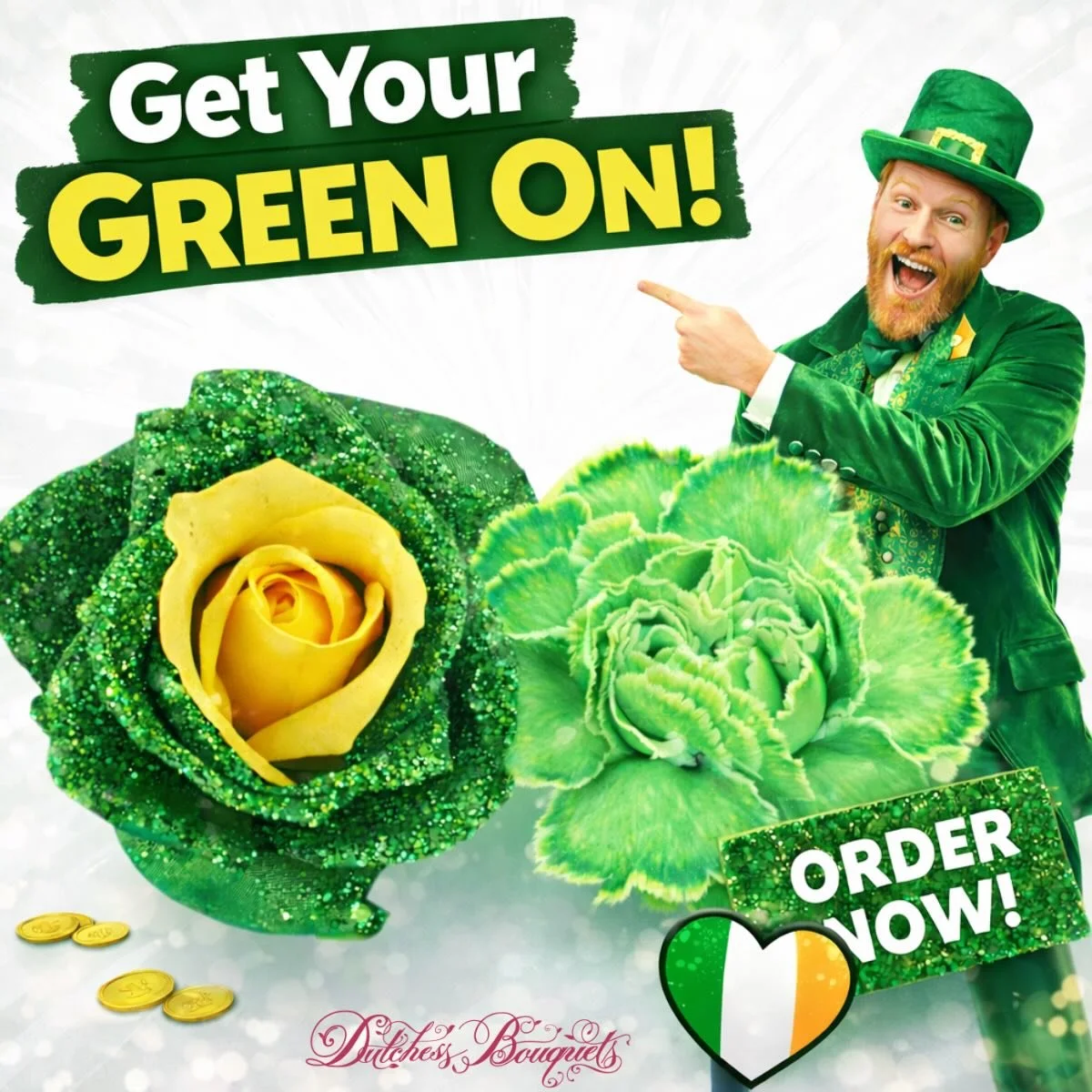 🍀 LAST CALL! Get Your Green On! 🍀
St. Patrick&rsquo;s Day is closer than you think &mdash; and green sells fast. Our green carnations (and statement green rose!) are ready to drive impulse, build displays, and own the holiday floor. Don&rsquo;t wai