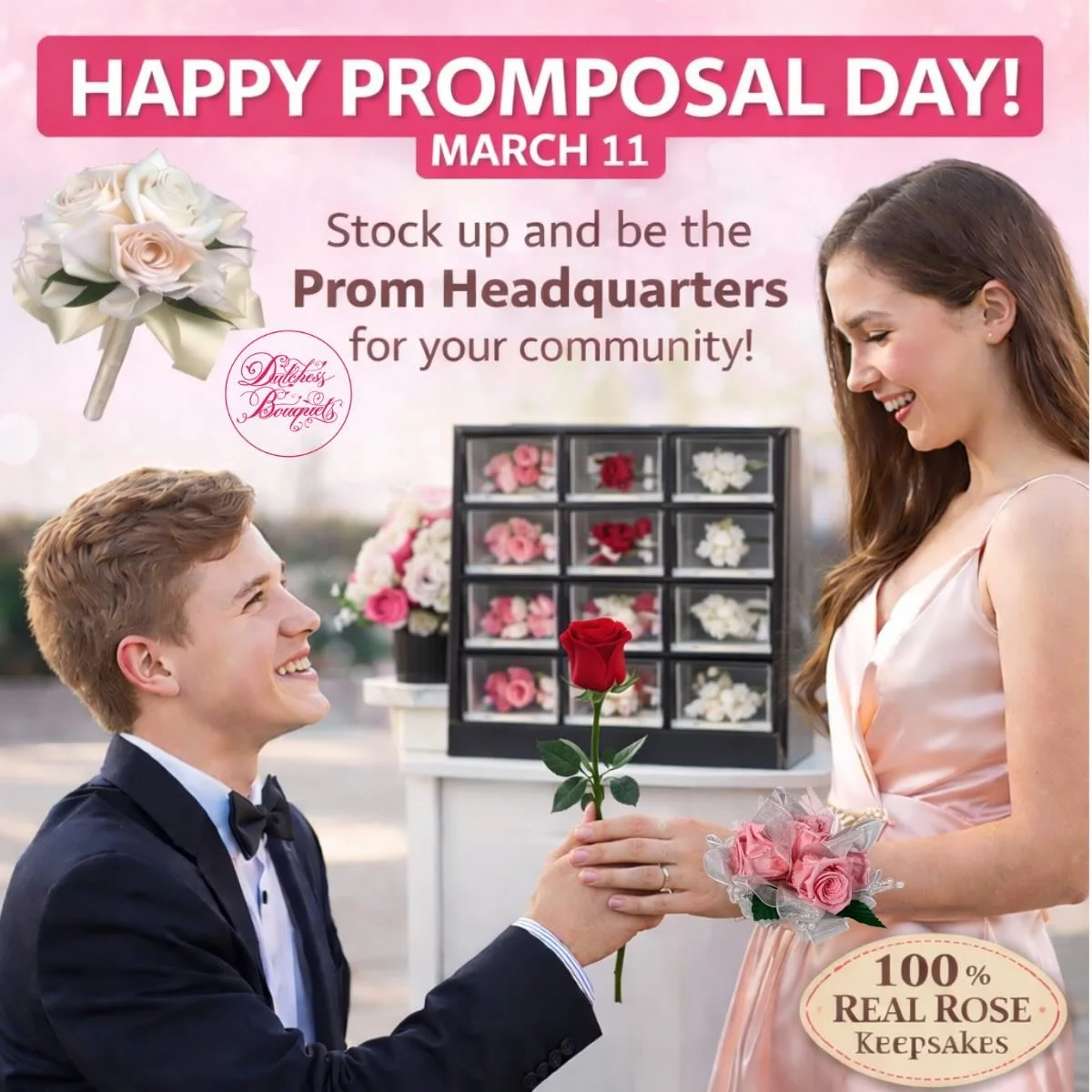 Prom season starts now. 💐 March 11 is Promposal Day, and March&ndash;April is when retailers can become the Prom Headquarters for their communities.
Dutchess Bouquets preserved rose corsages, boutonnieres, and Prom Posy bouquets
create keepsake mome