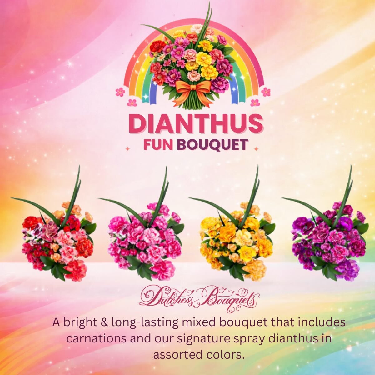 Color just hit different 🌈💐
Meet the bouquet that does it ALL bright, full, and made to last. 
  Warning: customers will grab more than one 😉
&bull;
&bull;
&bull;
#Dianthus #FlowerPower #FreshFlowers #BloomBright #Duchessbouquet