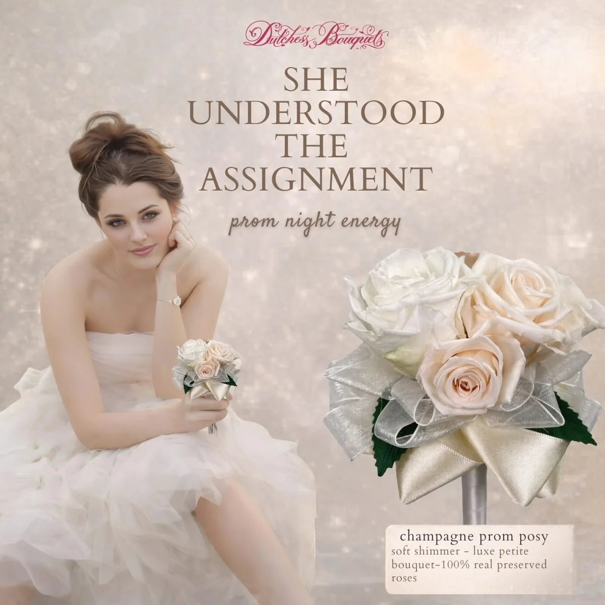 The new prom essential 🤍The Prom Posy-Exclusively from Dutchess Bouquets! A petite handheld bouquet designed for today&rsquo;s teen&mdash;Carried instead of, or alongside, a traditional corsage. Crafted with 100% real preserved roses, it becomes a l