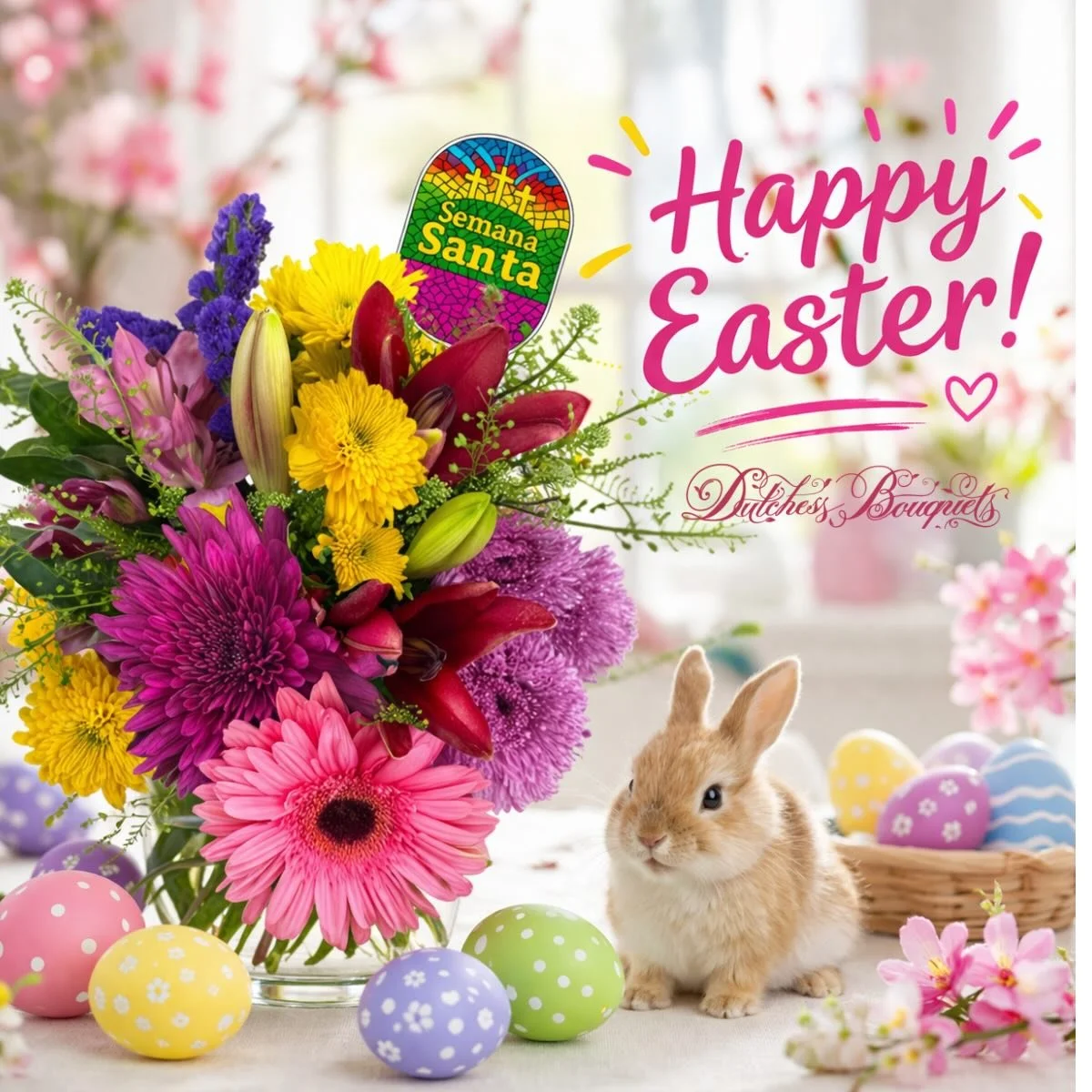 Hoppy Easter from all of us 🐰🌸 Wishing our amazing friends &amp; customers a day full of sunshine, sweet treats, and blooming happiness!
&bull;
&bull;
&bull;
&bull;
#HappyEaster #HoppyEaster #SpringBloom #FlowerMagic #DutchessBouquets