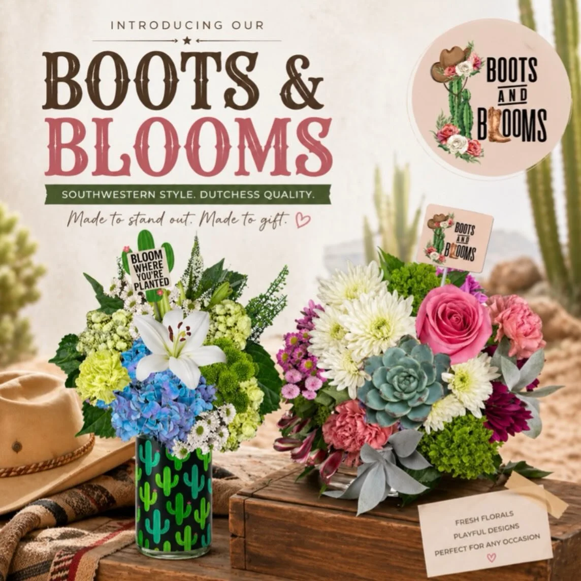 Boots on. Blooms ready 🌵🌸
Our Boots &amp; Blooms line brings that southwestern vibe to life &mdash; bold colors, playful textures, and designs that don&rsquo;t go unnoticed. Made to stand out. Made to gift.
 Because flowers should never feel basic.