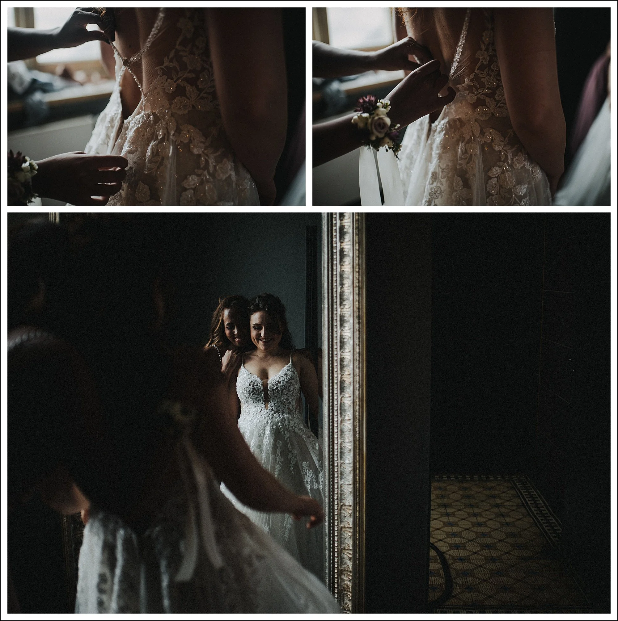 getting ready braut mit Trauzeugin vor dem spiegel