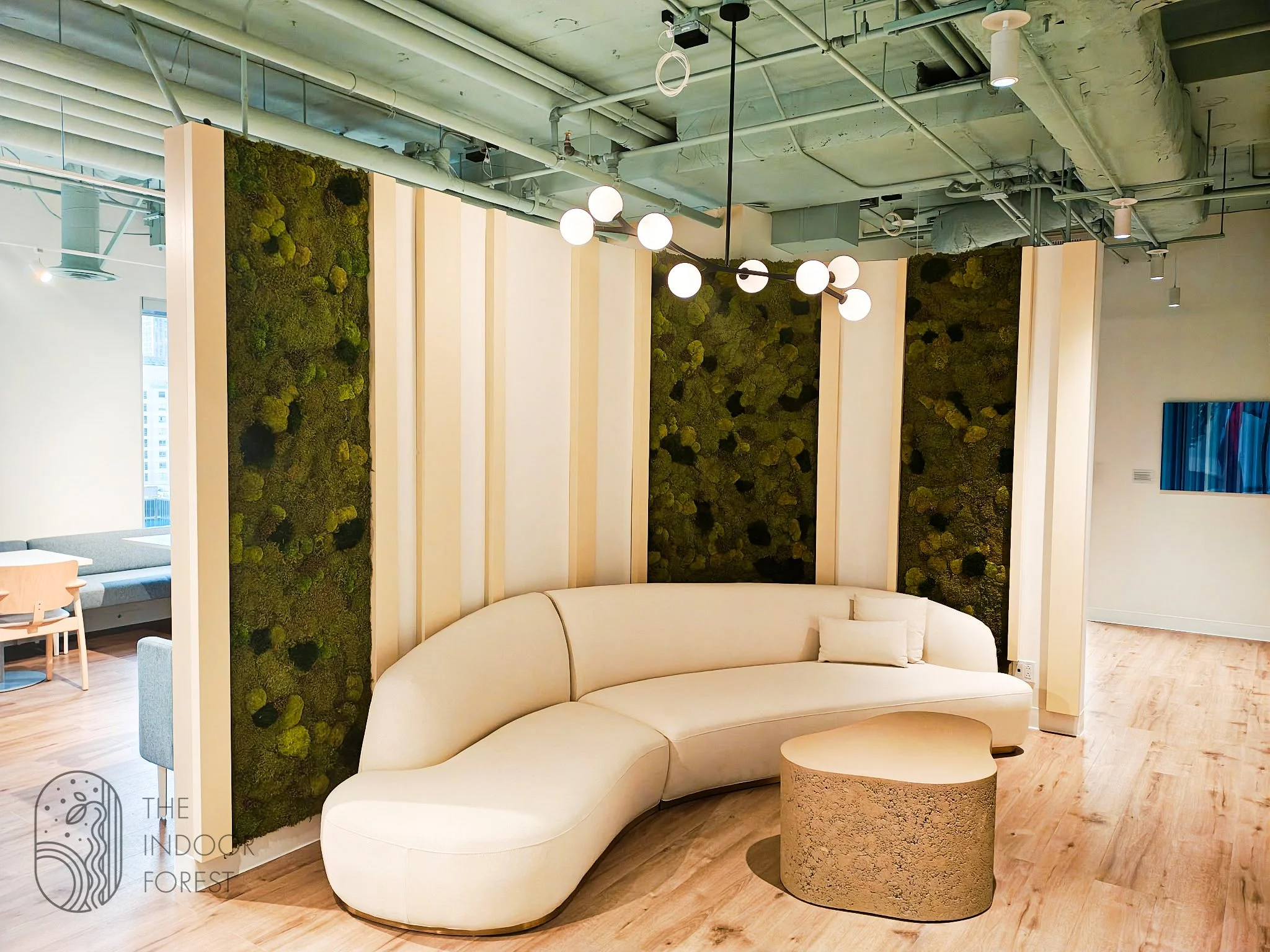 A moss installation designed for Eco Valdis' office to introduce warmth and natural texture into a workplace setting.
