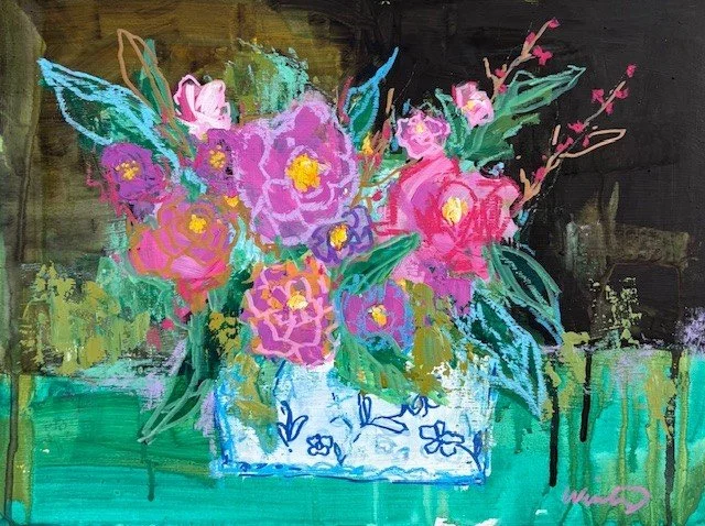 blue and white vase bouquet 11"x14" $600 frame included 