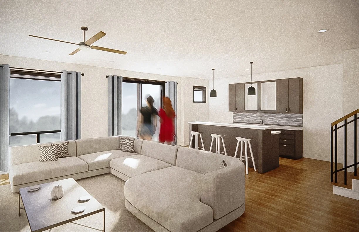 Stylish interior of a for-sale townhouse in Norwalk, Iowa, developed by DEV Partners, featuring an open-plan living area with a large sectional sofa, modern kitchen with bar stools, and expansive windows, ideal for real estate investment.