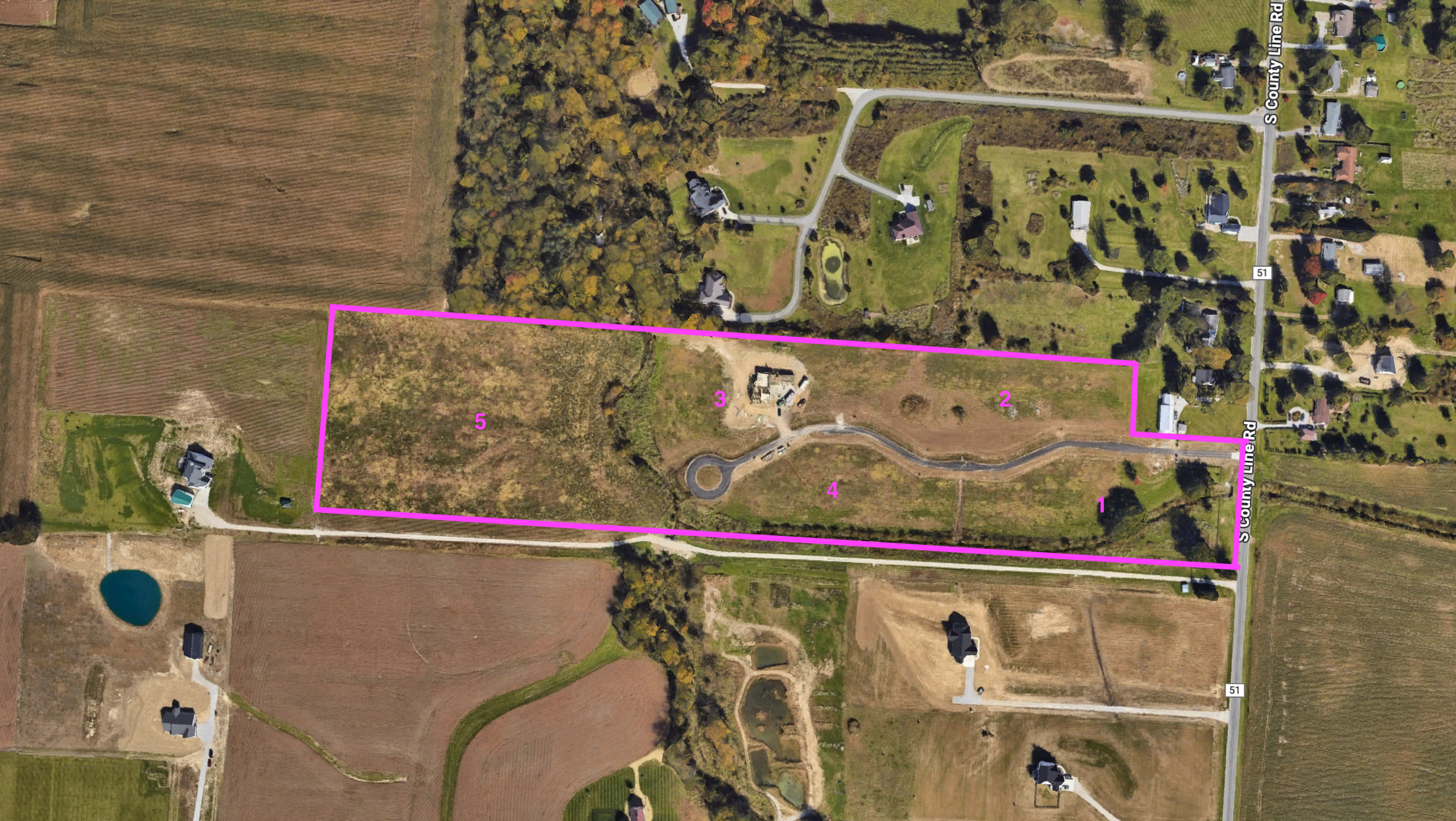 Aerial view of a land development near the Intel project in Ohio, marked for potential investment opportunities by DEV Partners, featuring distinct parcels outlined in pink with existing roads and neighboring properties.