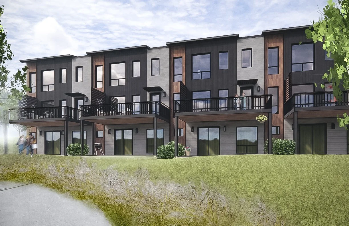 Rendering of townhouse in Waukee Iowa. They include beautiful exteriors, luxury finishes and are set on a golf course.