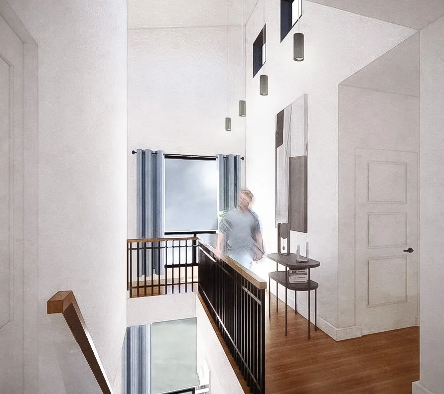 Modern interior hallway of a for-sale townhouse in Norwalk, Iowa, developed by DEV Partners, featuring high ceilings, contemporary lighting, and elegant wooden accents, perfect for investors looking to expand into real estate developments.