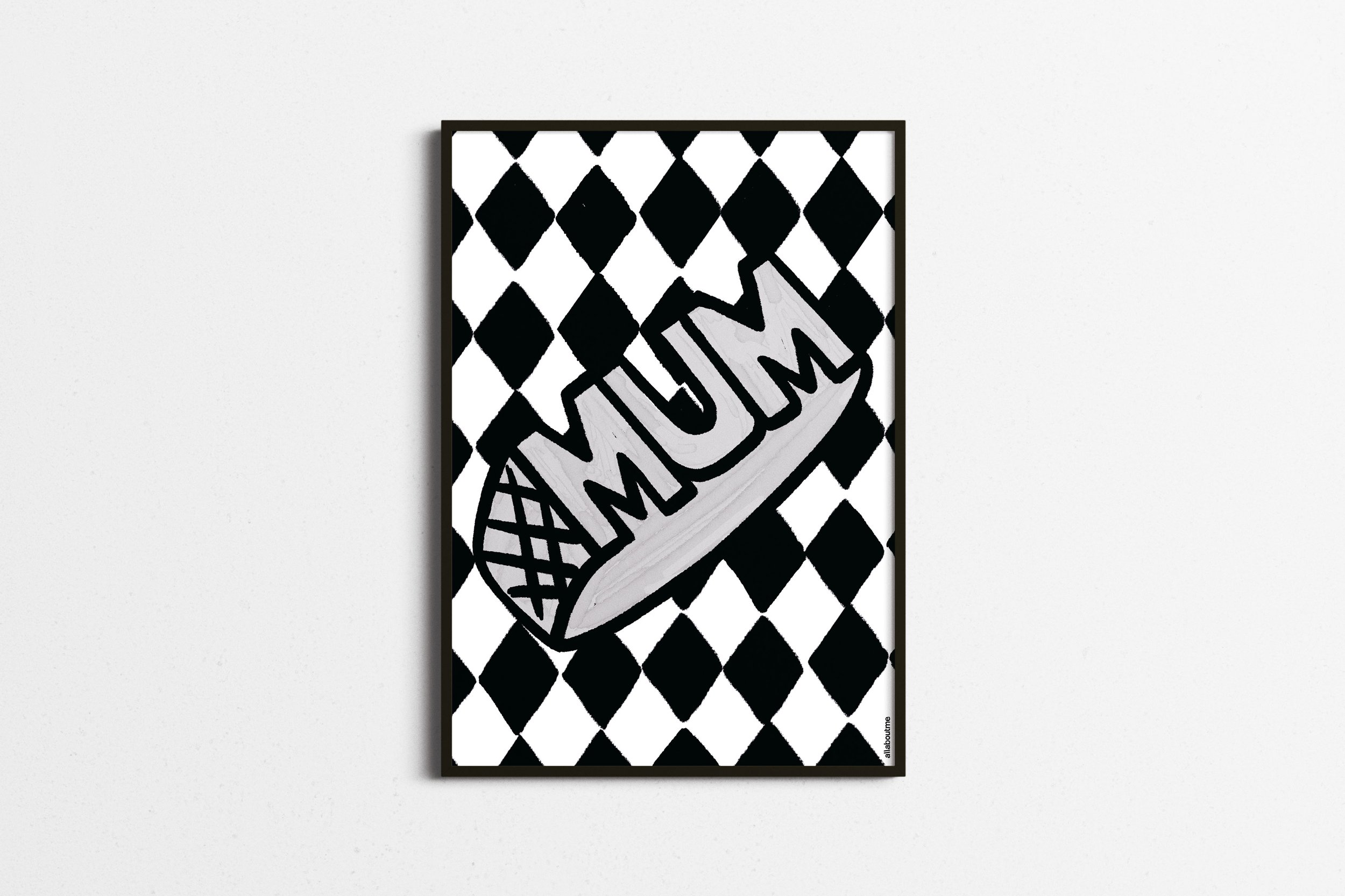 A bold silver Mum ring illustration on a black-and-white diamond-patterned background, blending nostalgia with a modern pop-art twist.