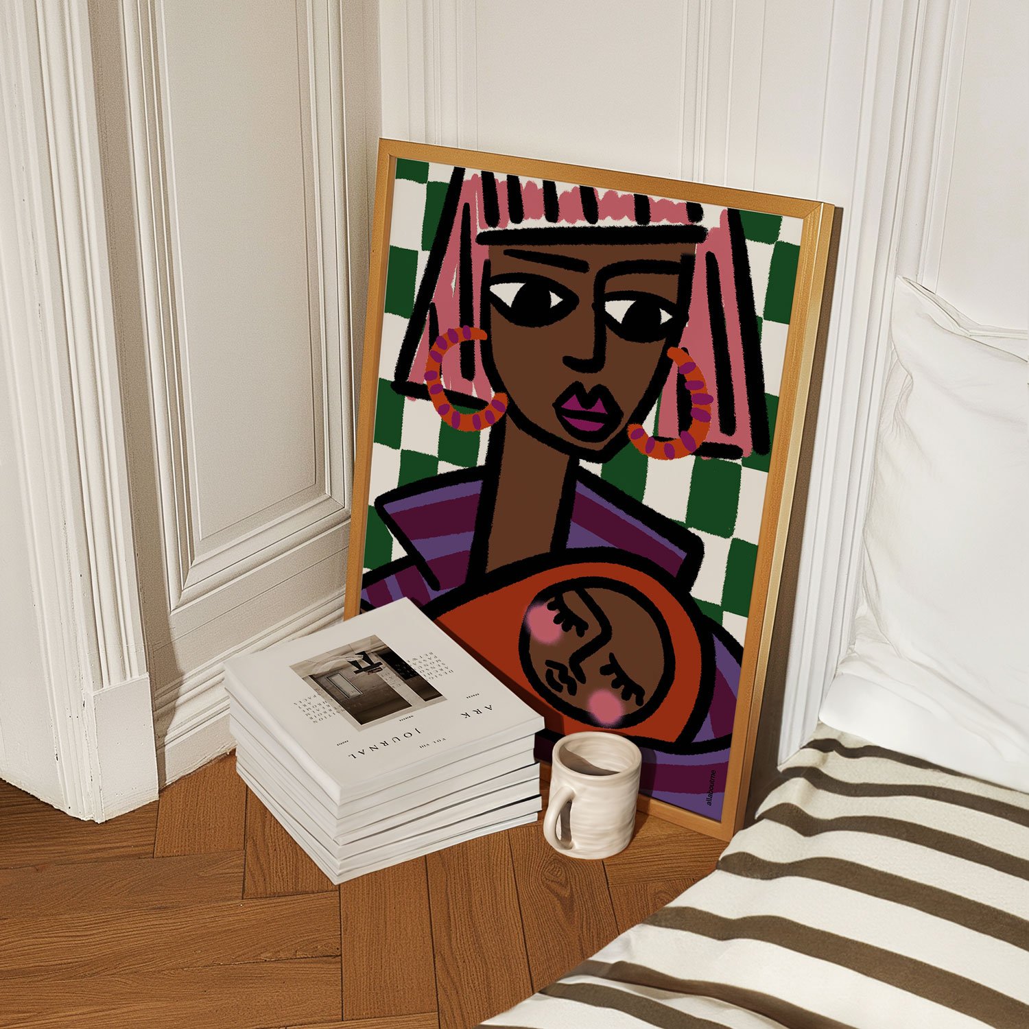 Trendy blush haired mum cradling her babe, lost in thought. Bold colours celebrate mum life and empowerment perfect as a stylish statement piece or unique gift.