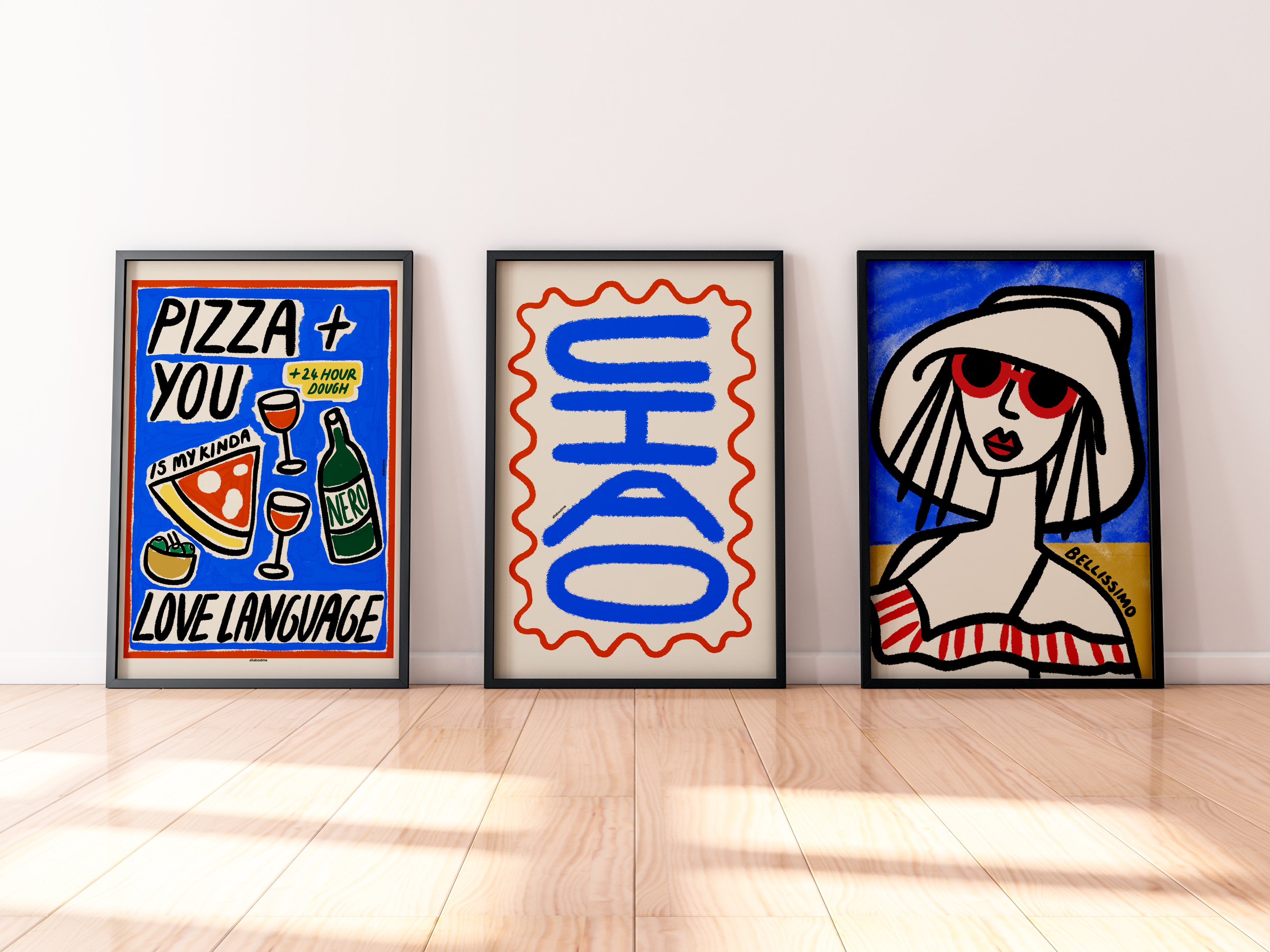 Italian Love Language Trio – Ciao Print, Pizza and You Is My Love Language & Beach Babe Bellissimo black gallery wall set