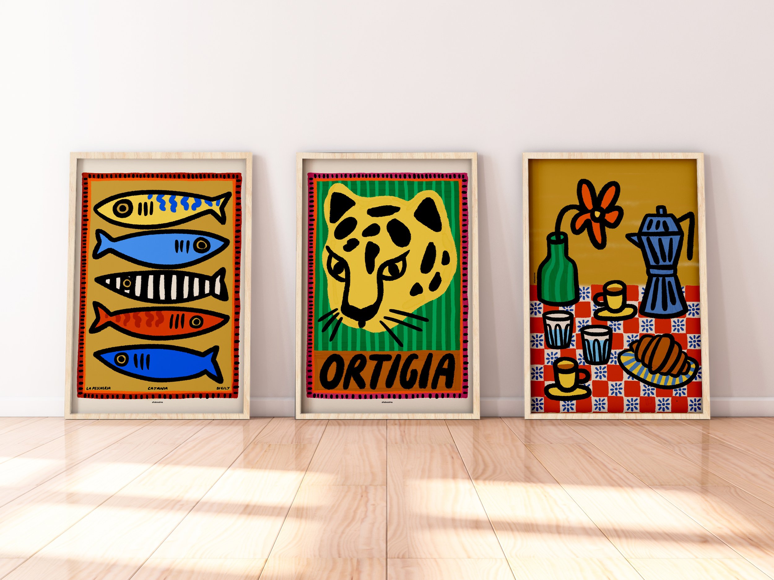 Mediterranean Mystic Trio Gallery Wall – Fish Market Catania, Ortigia Leopard Head & Buongiorno Coffee white frame