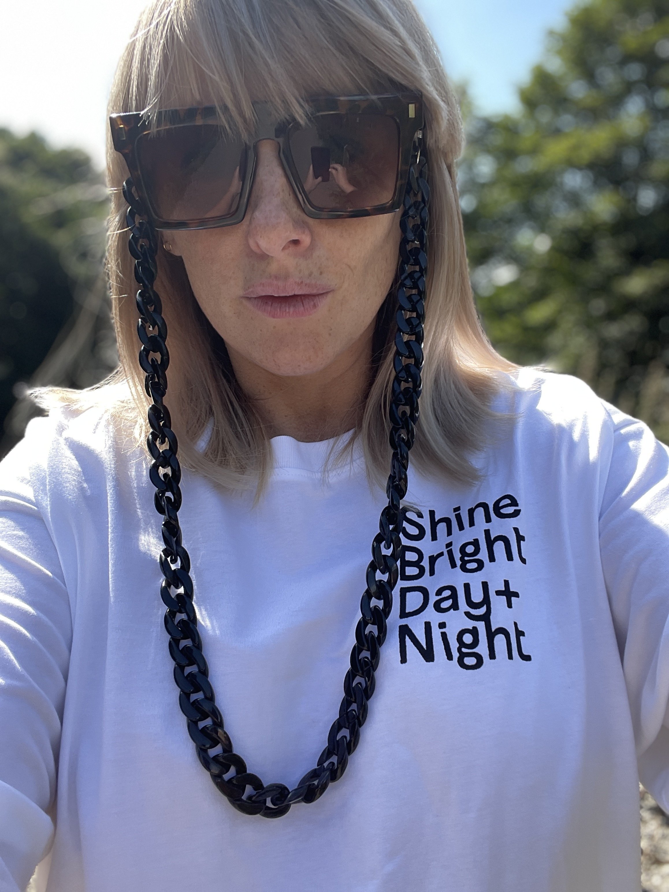 Graphic of slogan Shine Bright Day and Night chest print Oversized Organic Cotton Tee - White, Hand Screen Printed
