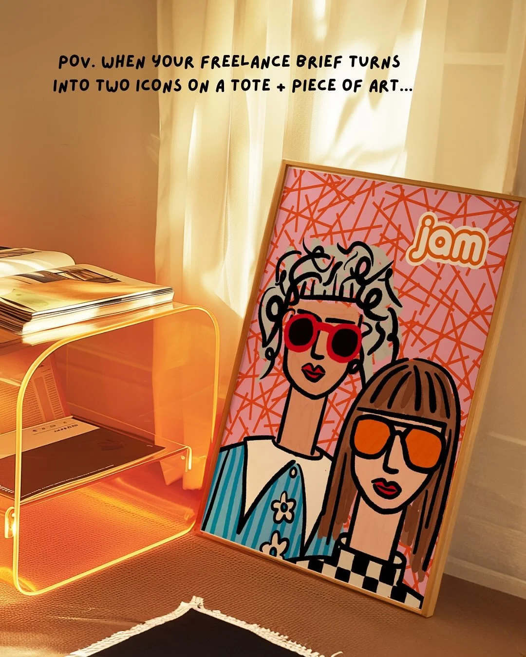 @jam_clothing_uk came to me for a tote bag design with their logo… 
but when I saw Emma + Janine on their insta, I was like, whhaaa, I need to draw you two as well! ๐ฏ‍โ๏ธ
So, from that 2 designs were born…
โจ๐จ 1 a colourful dopami