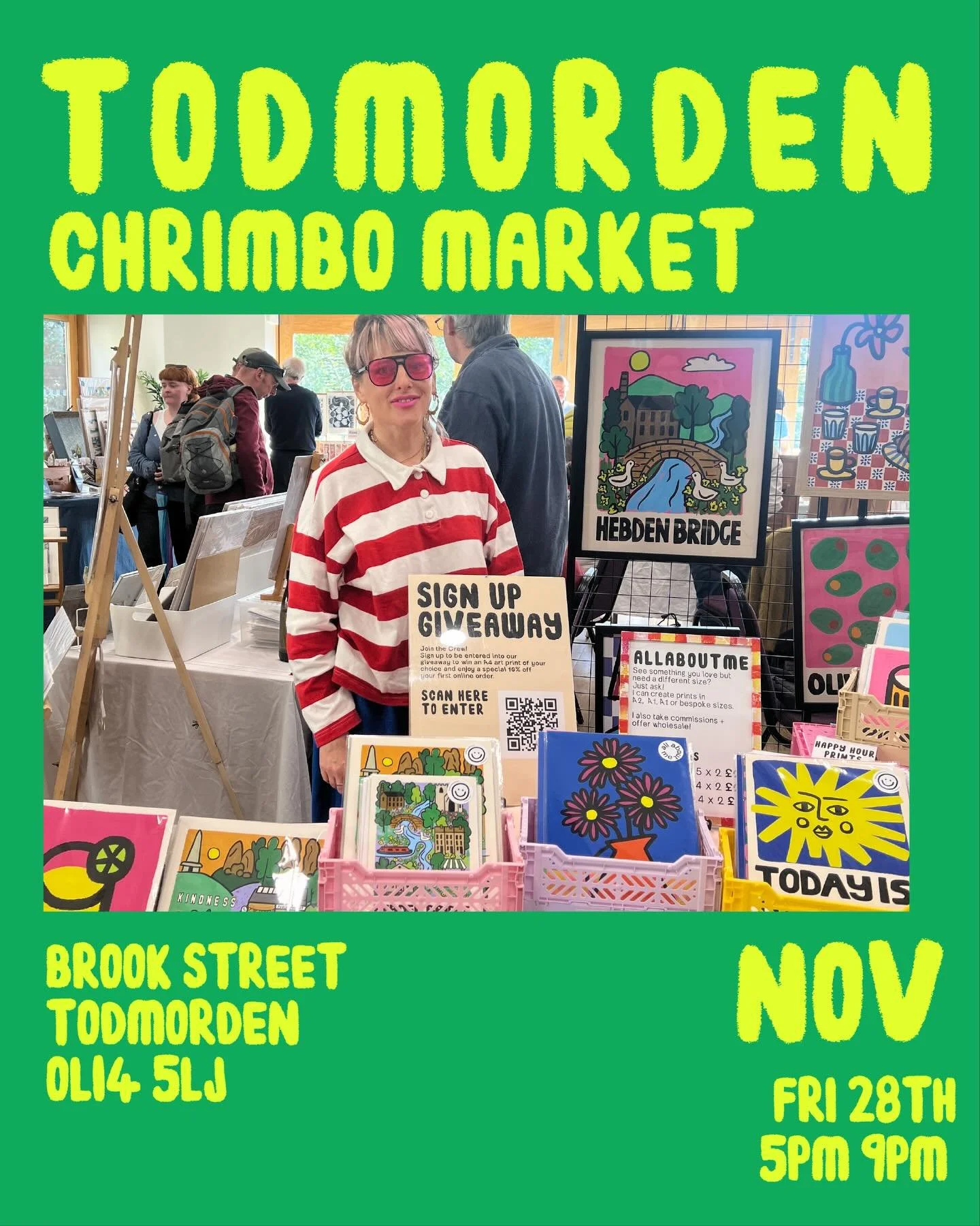 @todmordenmarket ! I&rsquo;m popping up this Friday for the Christmas Market 🎄
 5&ndash;9pm 
come find me for ALL the colour, good vibes and last-minute gift magic.
I&rsquo;ll have
 ✨ New art prints (fresh off the press) ✨ New Cosy sweatshirts + tee