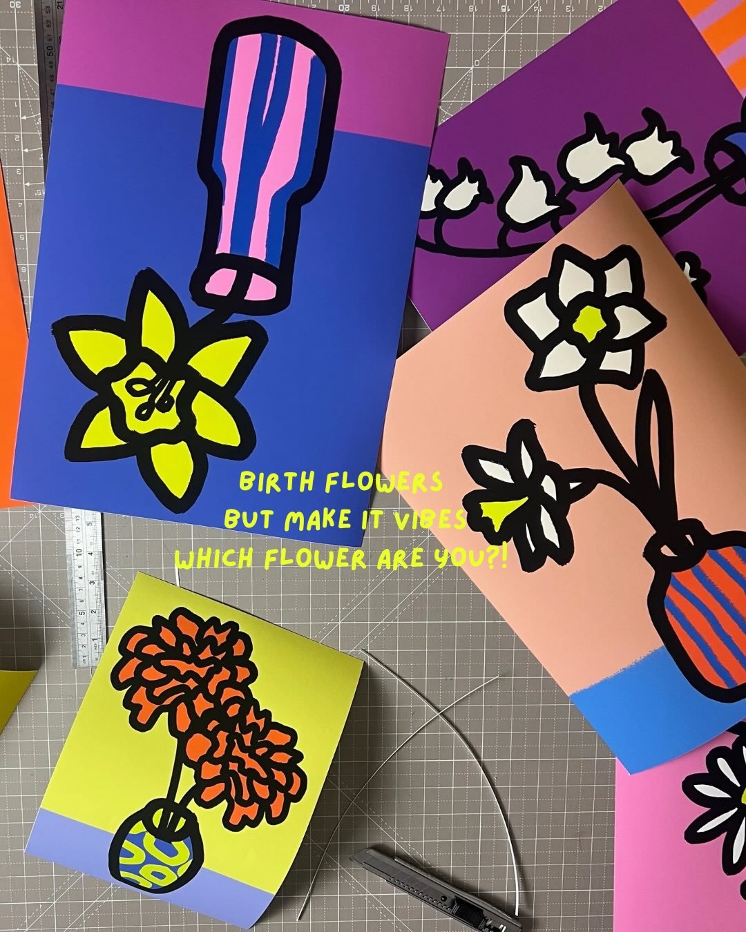 Hello weekend&hellip;what a bloody week!
Here&rsquo;s some birth flower energy for Yas&hellip; which one&rsquo;s yours + is the vibe YOU🤪

Prepping lots of prints for @_all___about___me_ over the next two weekends.
Online orders open until Monday fo